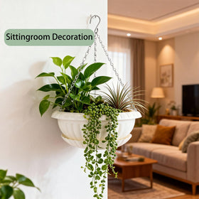 All-weather plastic Summer Flower planter with ceramic-like finish in white.