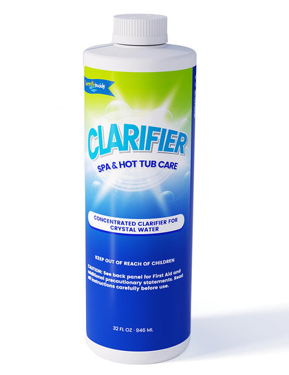 SUMMERBUDDY 32 Oz Spa Clarifier bottle pouring into running hot tub for quick results.
