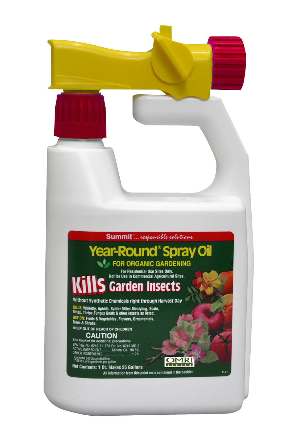 Summit Year-Round Spray Oil on hose-end sprayer protecting fruit trees and vegetables from pests.