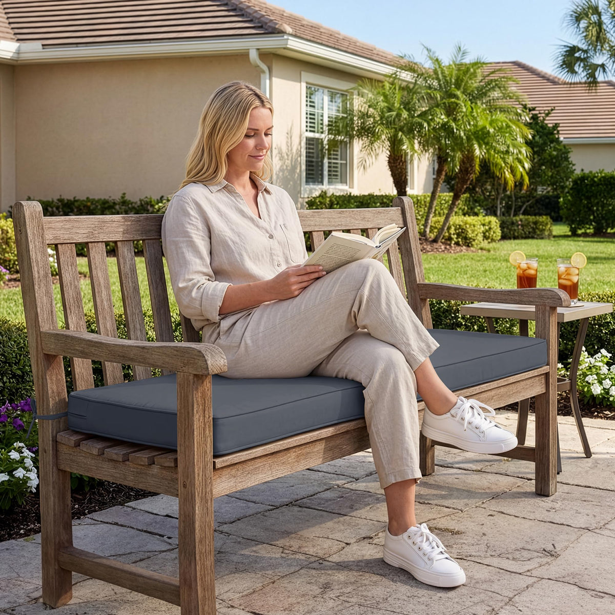 Summsun bench cushion showing removable cover for easy machine washing