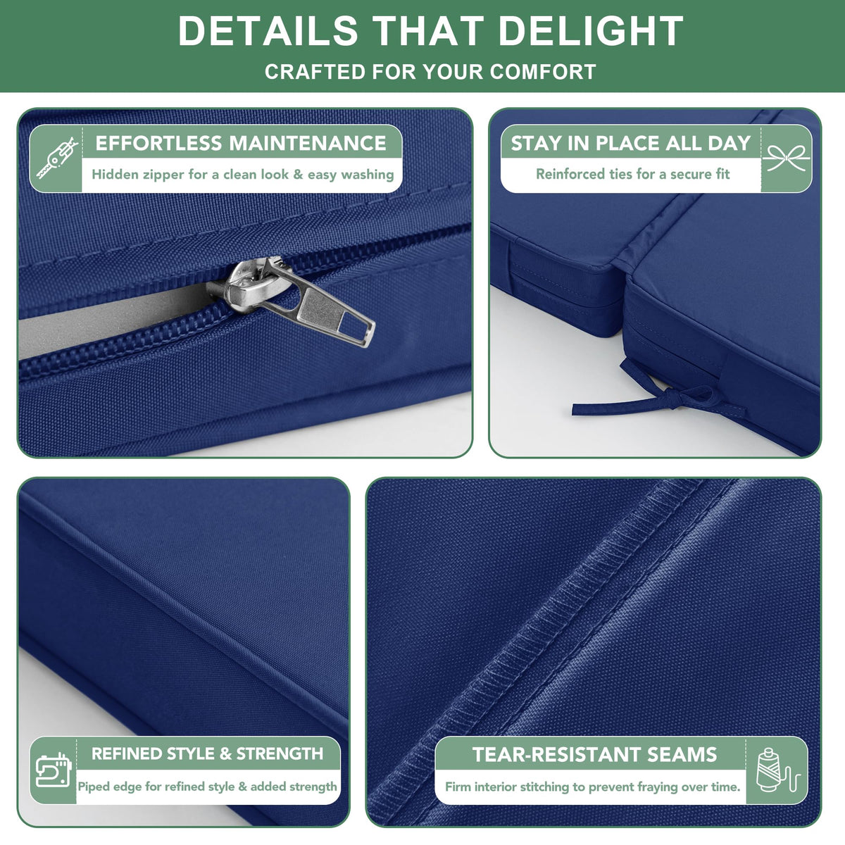 Summsun navy fabric closeup highlights fade-resistant outdoor material.