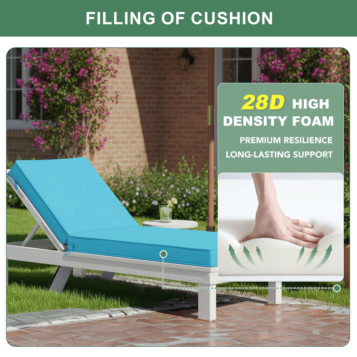 Summsun chaise lounge cushion teal in a patio scene highlighting outdoor durability.