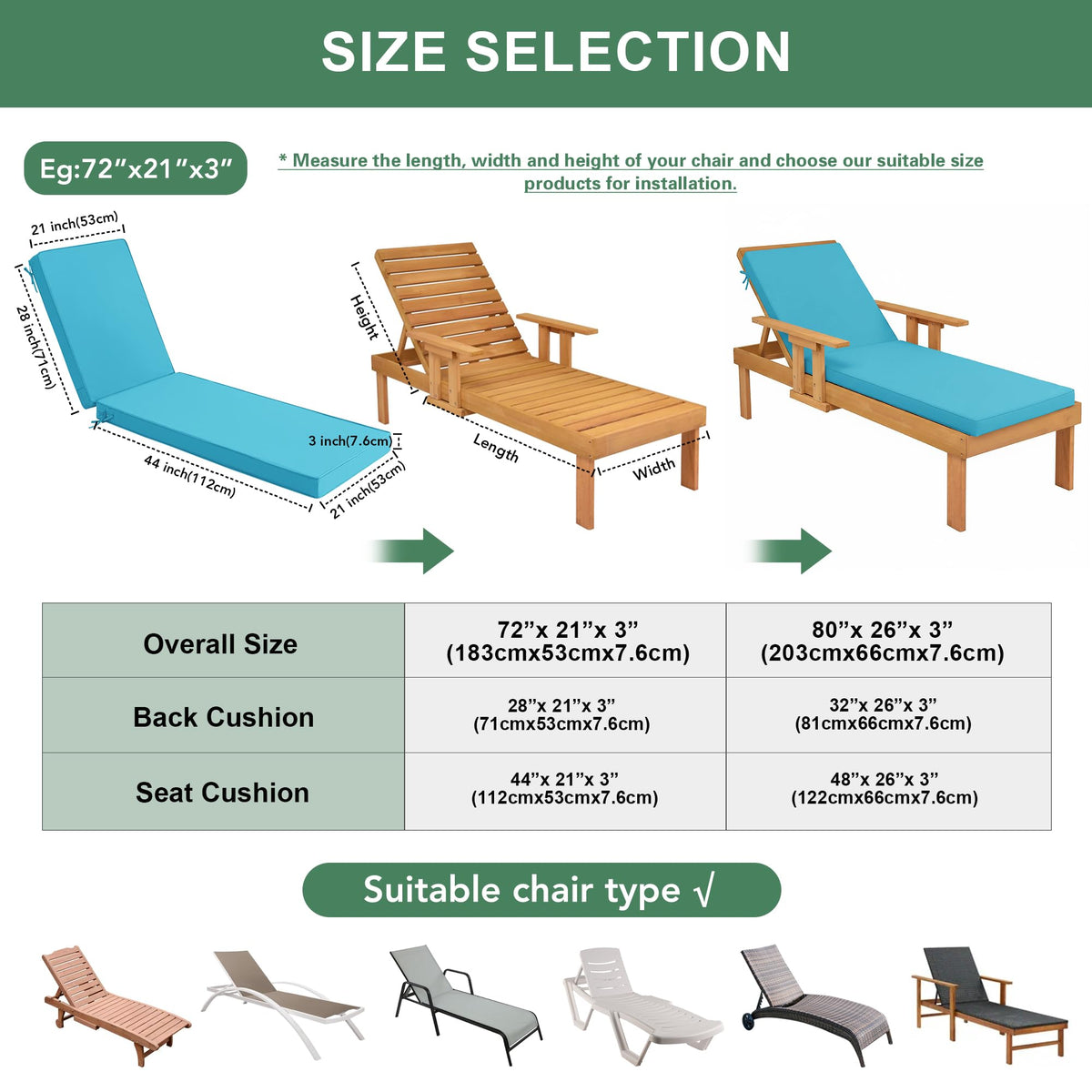 Summsun chaise lounge cushion teal side profile shows compact storage design.