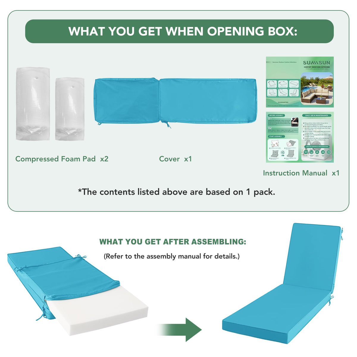 Summsun chaise lounge cushion teal fabric resists fading for vibrant color.
