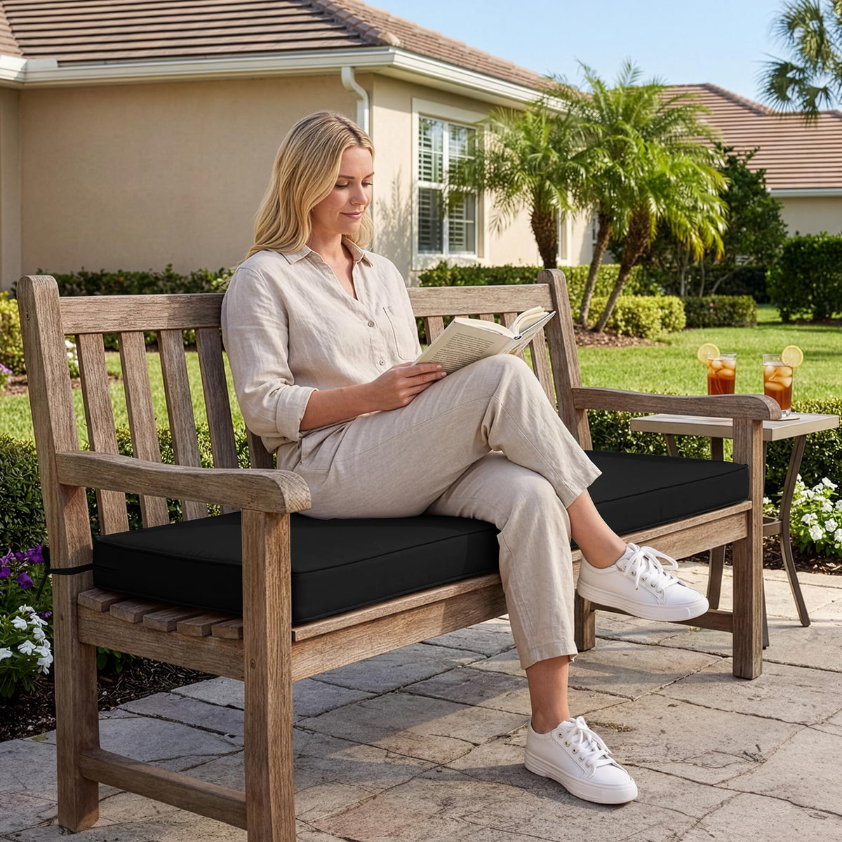 Summsun bench cushion 59x18 uses colorfast technology to stay vibrant under sun and rain