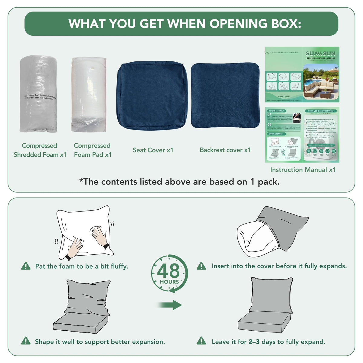Summsun cushion set vacuum-packed for compact shipping and quick expansion