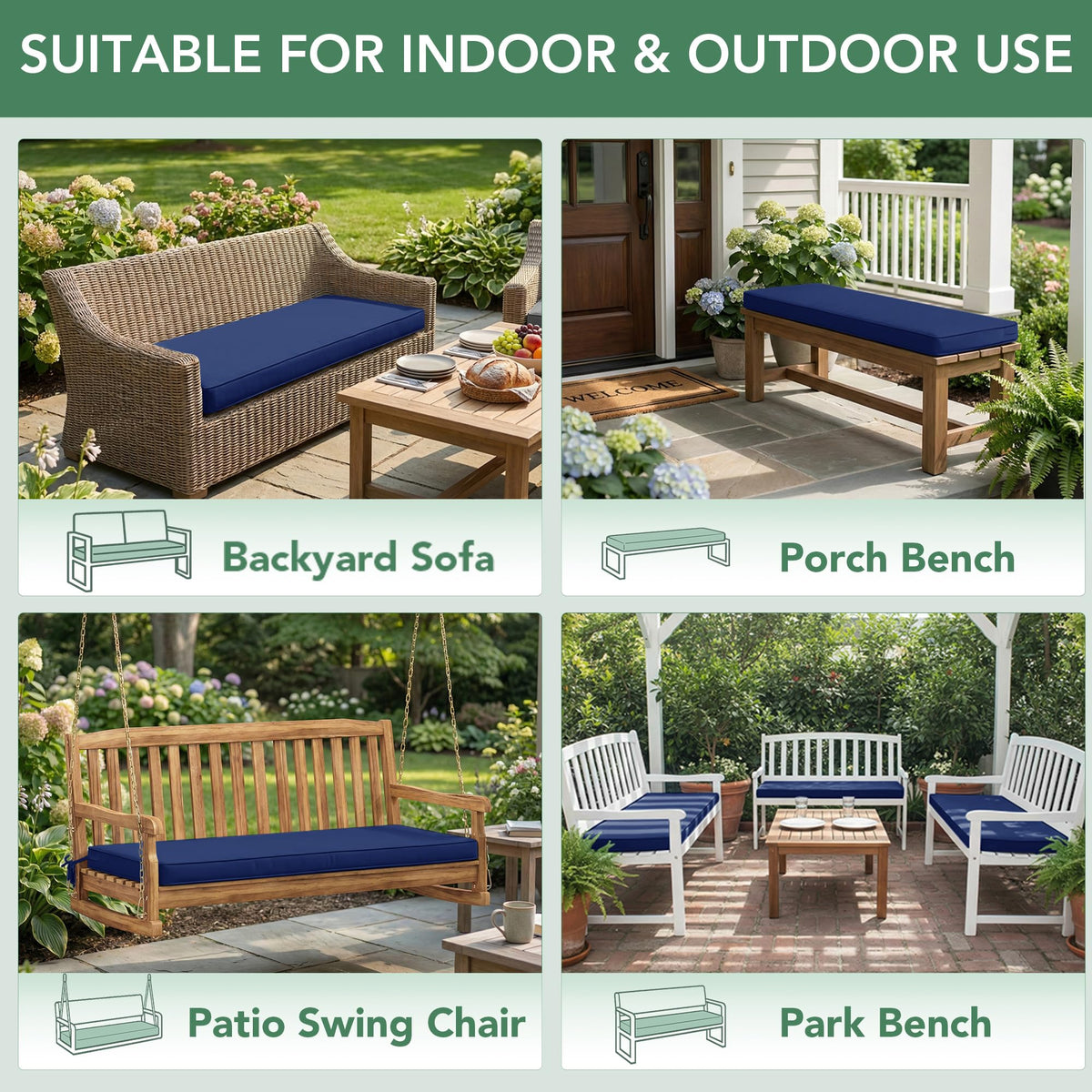 Summsun porch swing cushion in navy enhances patio comfort and style.