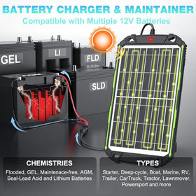 Sun Energise compatible with gel, AGM, flooded, SLA, LiFePO4 batteries.