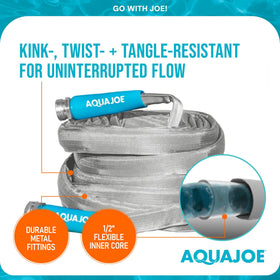 Sun Joe Aqua Joe 25ft metal-end fittings prevent leaks and secure connections.
