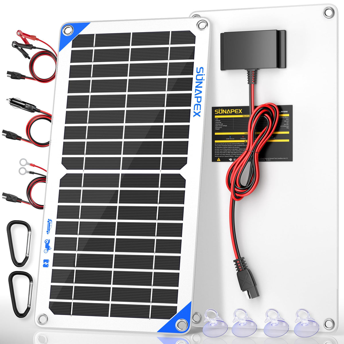 SUNAPEX 12V 10W solar charger panel charging a car battery outdoors