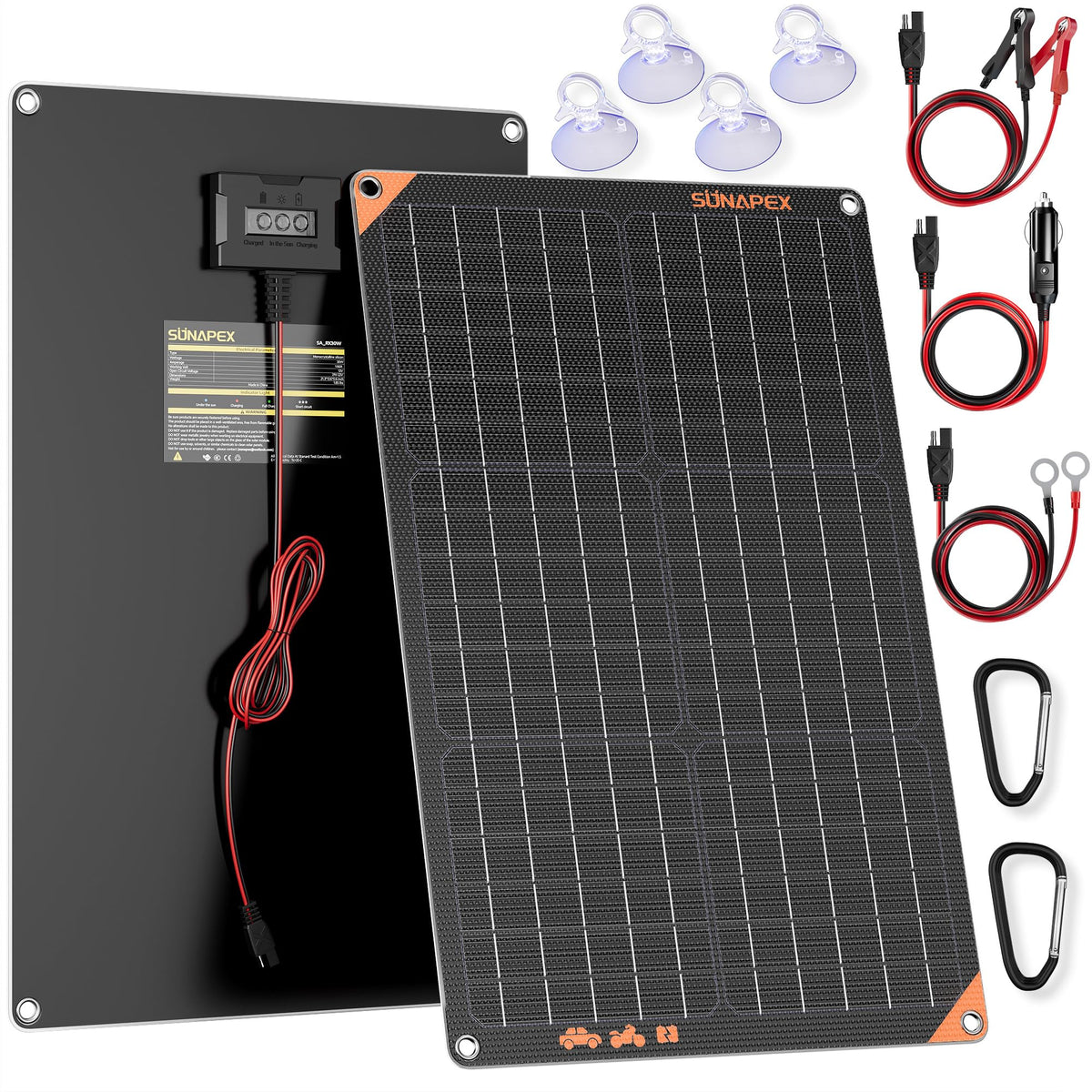 SUNAPEX 12V 30W solar panel compact design keeps car battery charged.