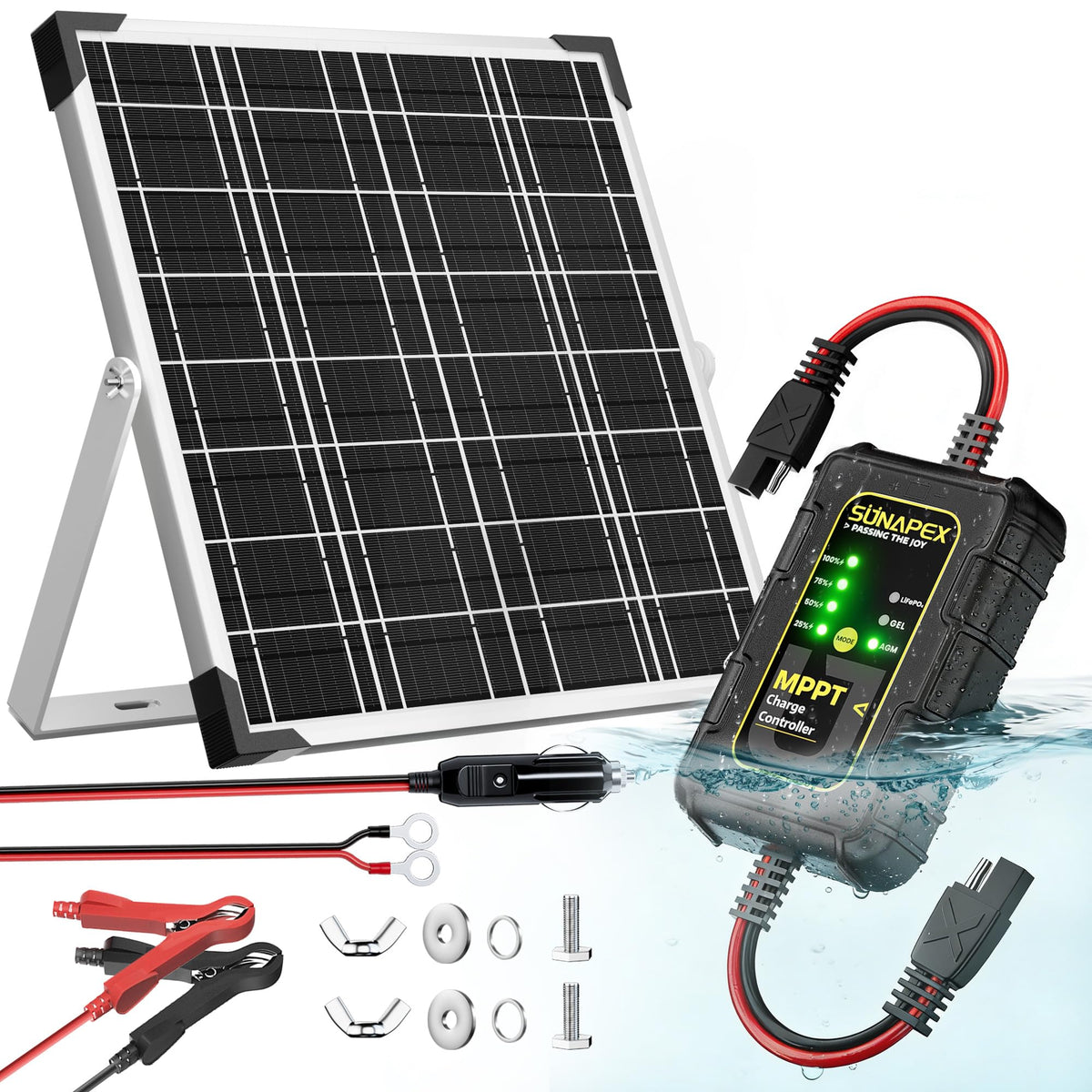 SUNAPEX 12V solar charger panel for outdoor charging on the go.