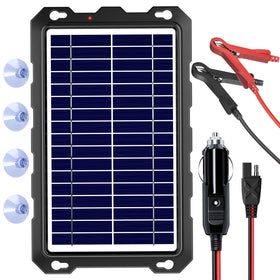 SUNAPEX 12V solar panel in use keeps a vehicle battery charged during storage.