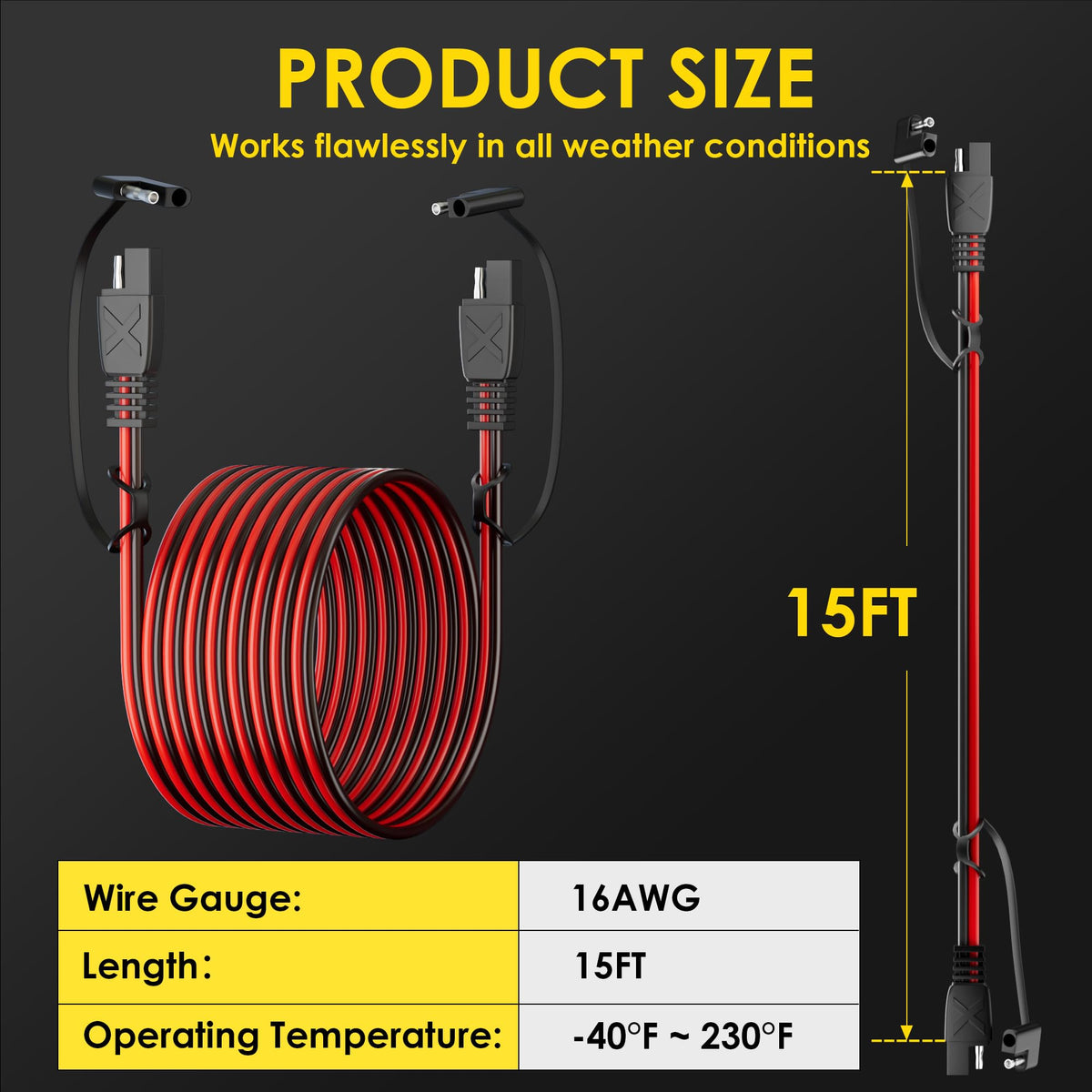 SUNAPEX 2-pin trickle charger cable for 12V batteries and solar charging