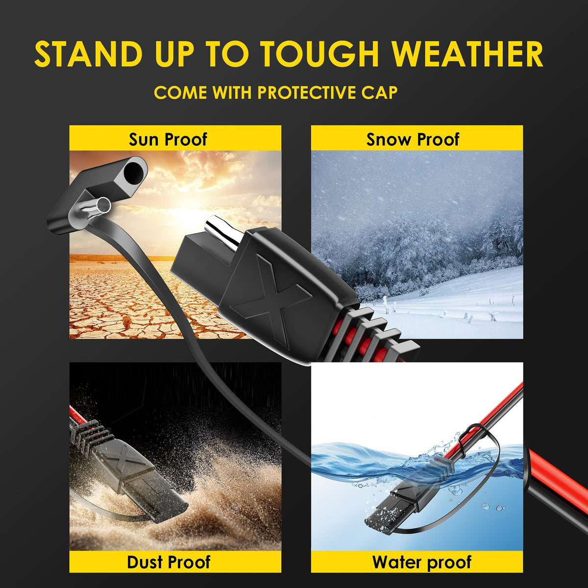 SUNAPEX IP68 waterproof SAE connector with silicone dust cap protects against rain and dust