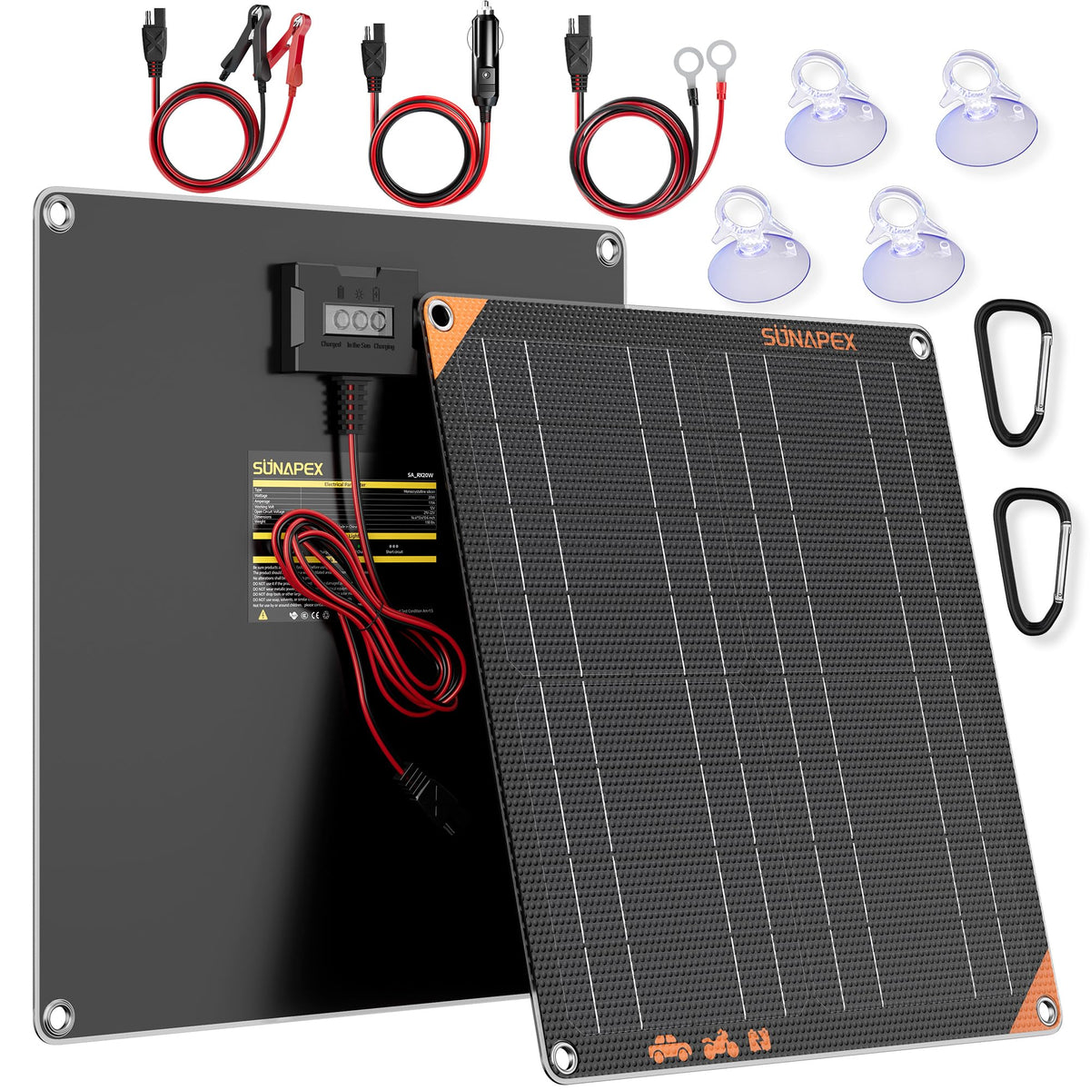 SUNAPEX solar panel in use charging a 12V battery outdoors.