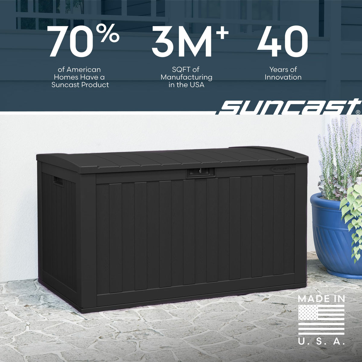 Suncast 134-Gal deck box all-weather construction resists the elements.