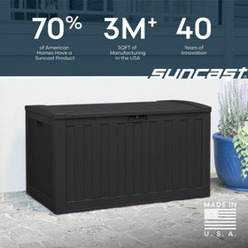 Suncast 134-Gal deck box all-weather construction resists the elements.