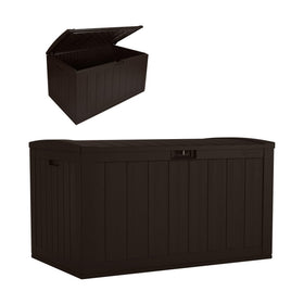 Suncast 134-gal deck box exterior offers durable all-weather storage.