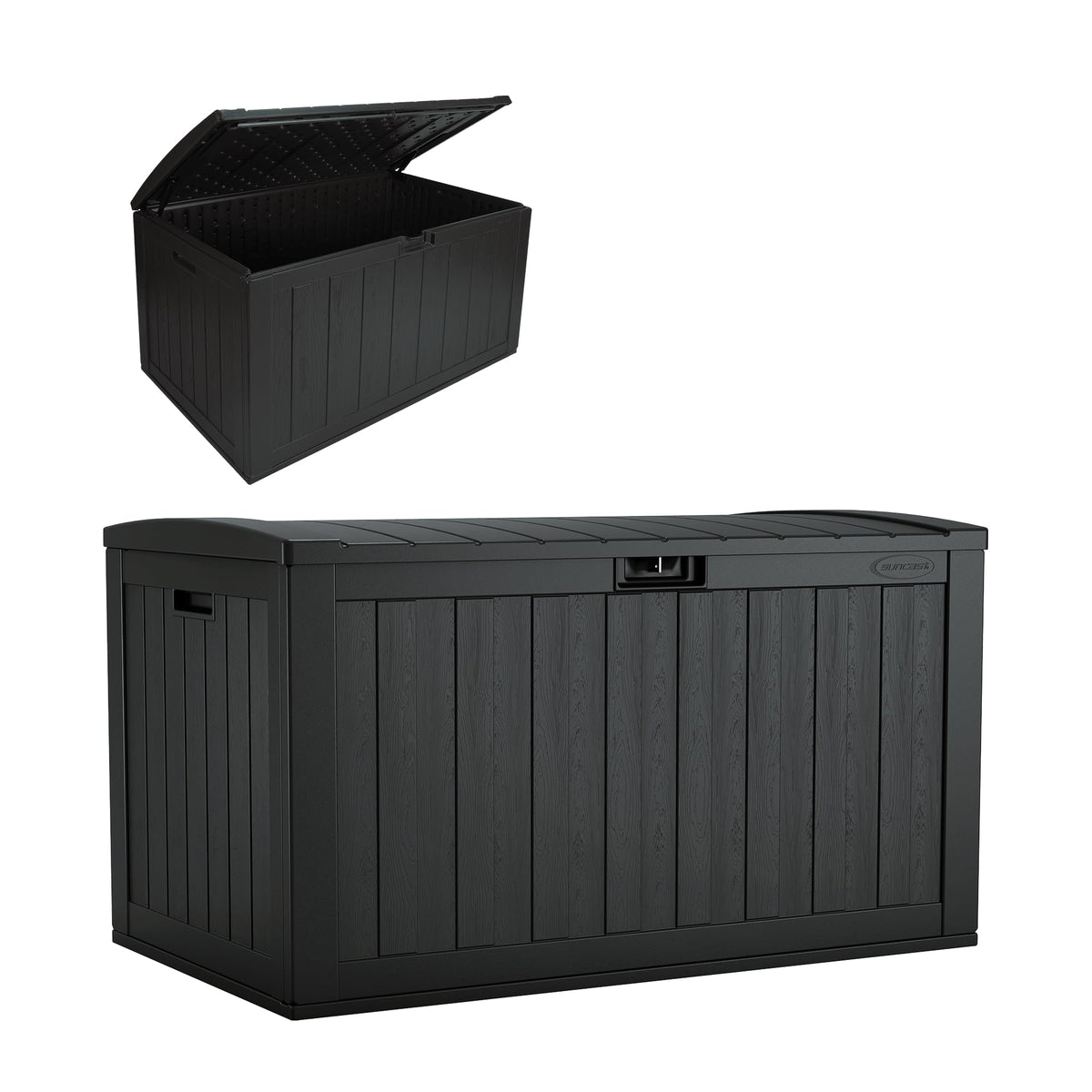 Suncast 134-Gal deck box front view for secure outdoor storage of cushions and tools.