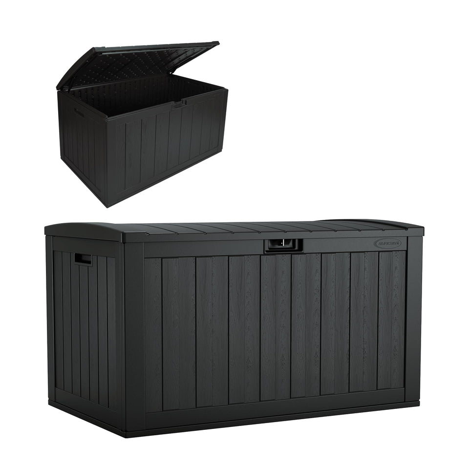 Suncast 134-Gal deck box front view for secure outdoor storage of cushions and tools.