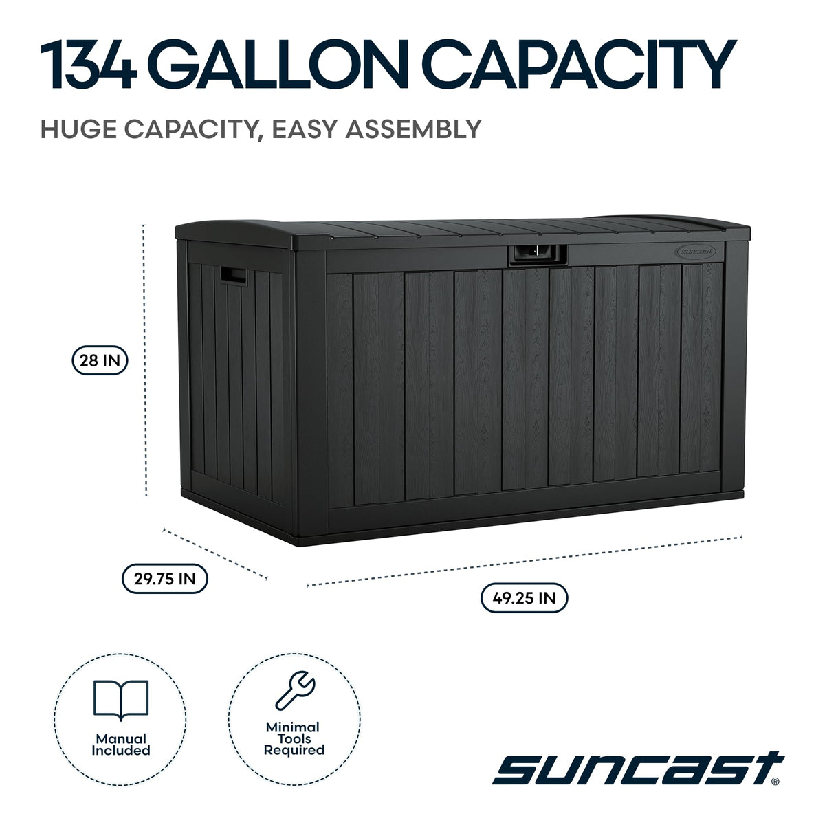 Suncast 134-Gal deck box lid-open view for easy access to contents.