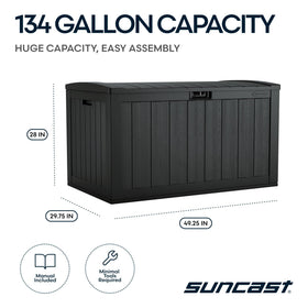 Suncast 134-Gal deck box lid-open view for easy access to contents.