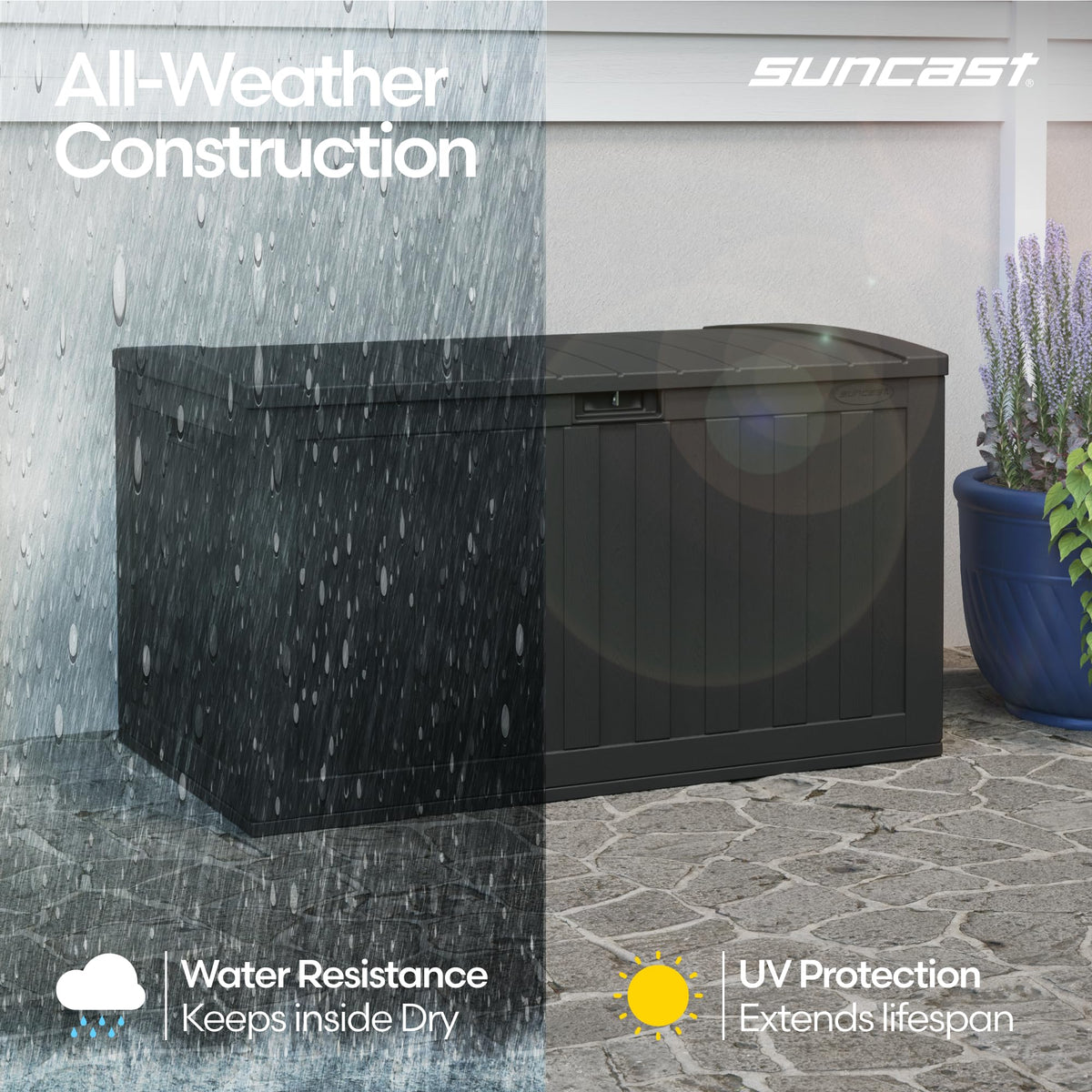 Suncast 134-Gal deck box pad-lock-ready lid for added security.