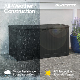 Suncast 134-Gal deck box pad-lock-ready lid for added security.