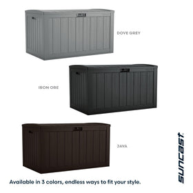 Suncast 134-Gal deck box seating-lid doubles as outdoor bench.