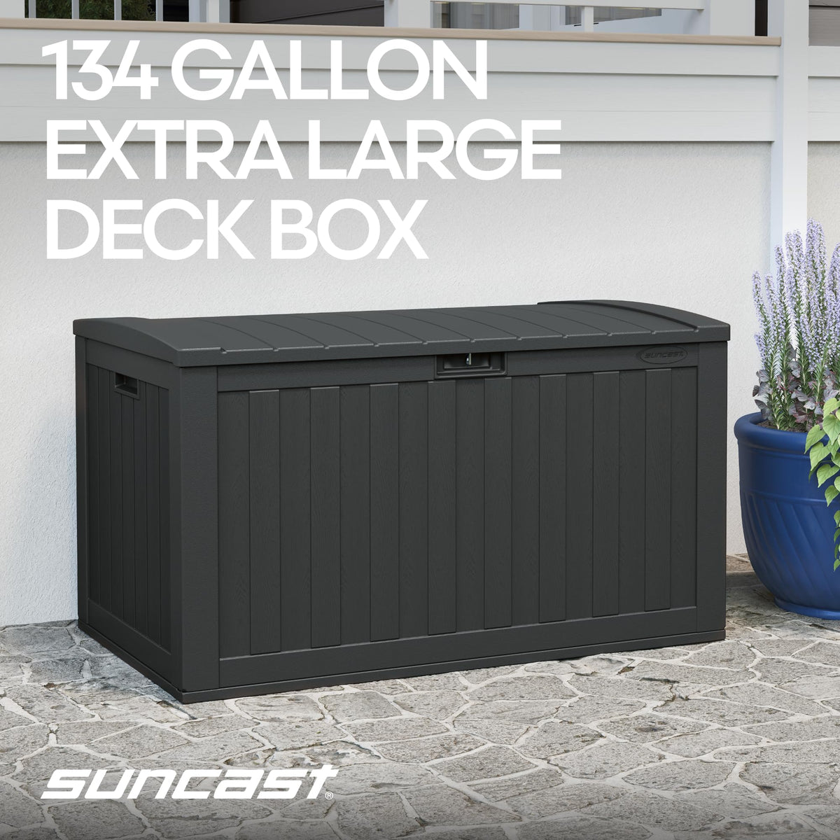 Suncast 134-Gal deck box side view highlighting durable all-weather panels.