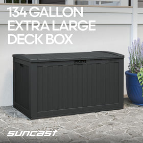 Suncast 134-Gal deck box side view highlighting durable all-weather panels.