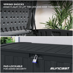 Suncast 134-Gal deck box storing outdoor cushions and gear.