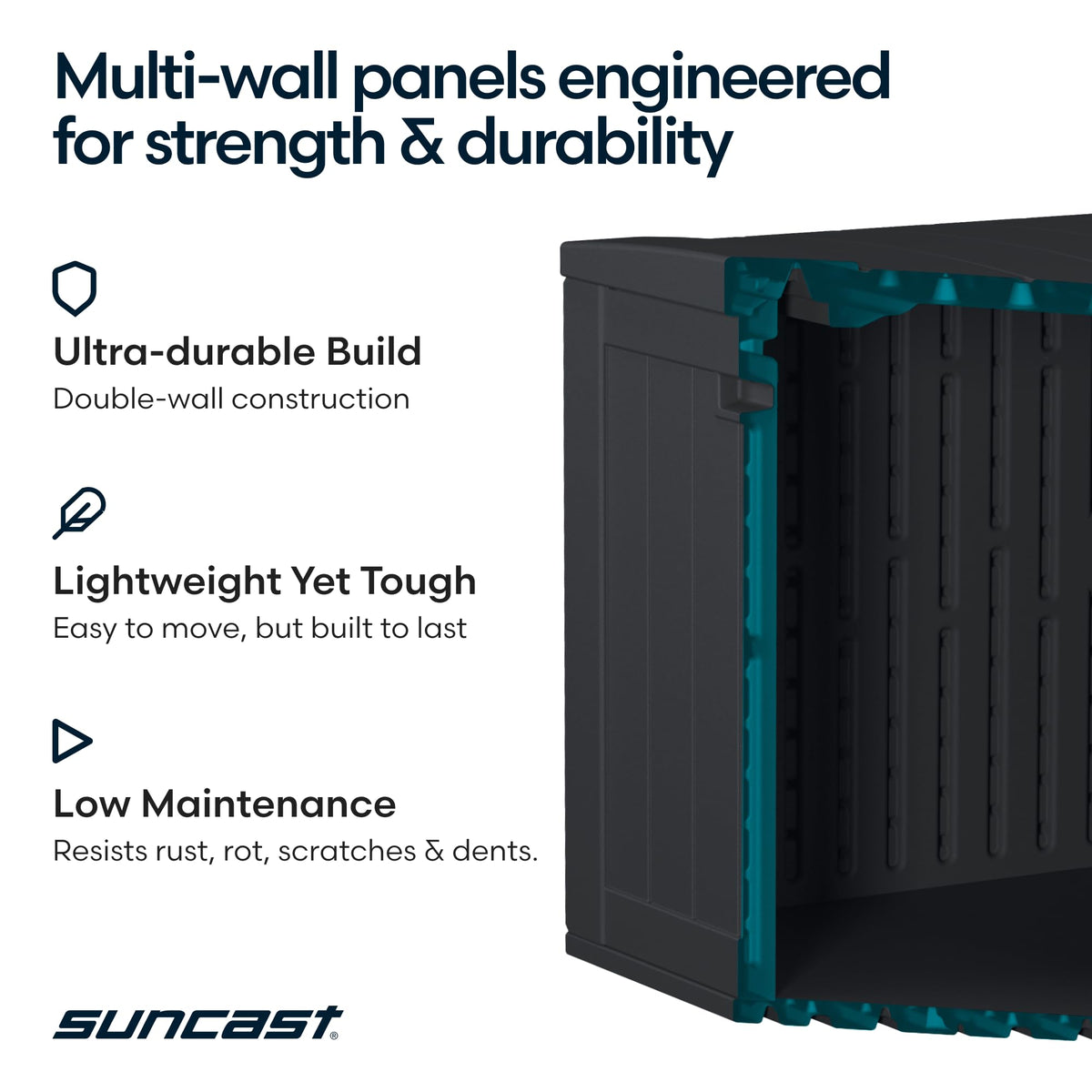 Suncast 134-Gal deck box wood-texture finish blends with décor.