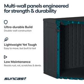 Suncast 134-Gal deck box wood-texture finish blends with décor.