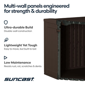 Suncast 134-gal deck box dimensions fit patios and porches.