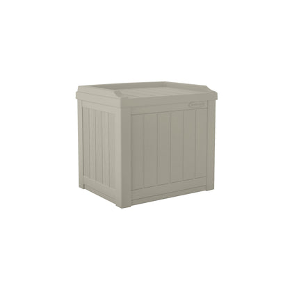 Suncast 22-gallon outdoor storage box with seat for patio convenience.
