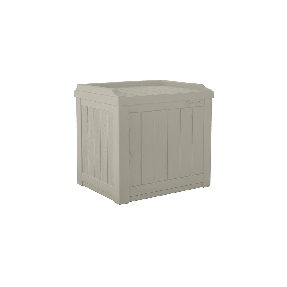 Suncast 22-gallon outdoor storage box with seat for patio convenience.