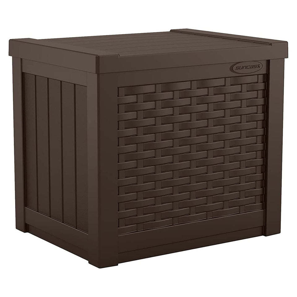 Suncast 22-gallon outdoor storage box keeps patio gear organized and protected.