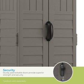 Suncast 22 cu ft vertical shed dimensions show space-saving footprint