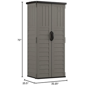 Suncast 22 cu ft vertical shed door close-up emphasizing secure lockable doors