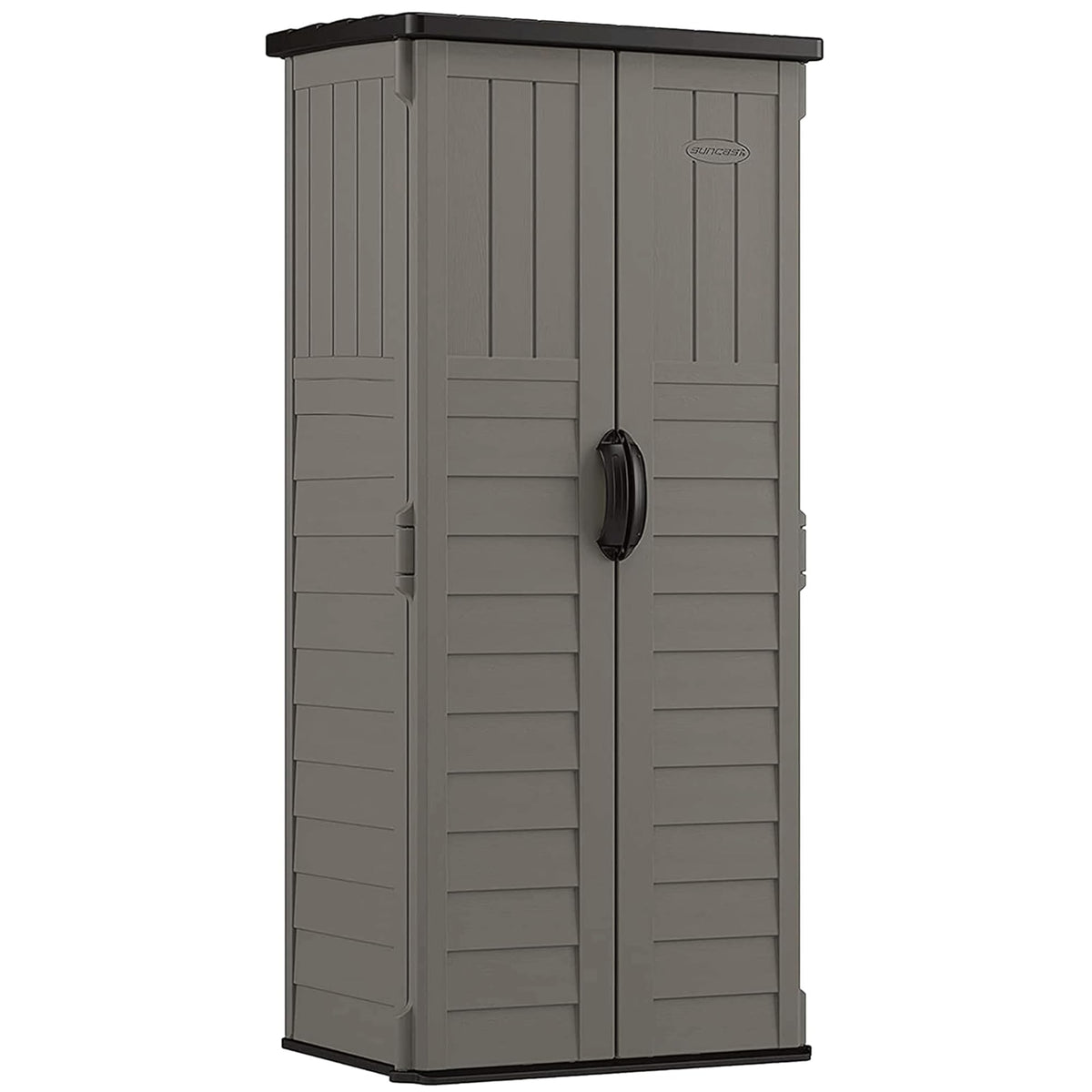 Suncast 22 cu ft vertical shed front view showing space-saving design for outdoor storage