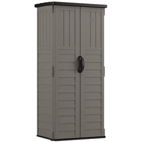Suncast 22 cu ft vertical shed front view showing space-saving design for outdoor storage