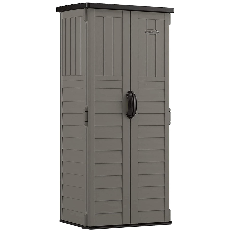 Suncast 22 cu ft vertical shed front view showing space-saving design for outdoor storage