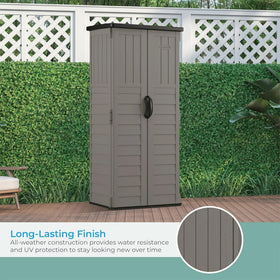 Suncast 22 cu ft vertical shed lockable doors focus on safety and access