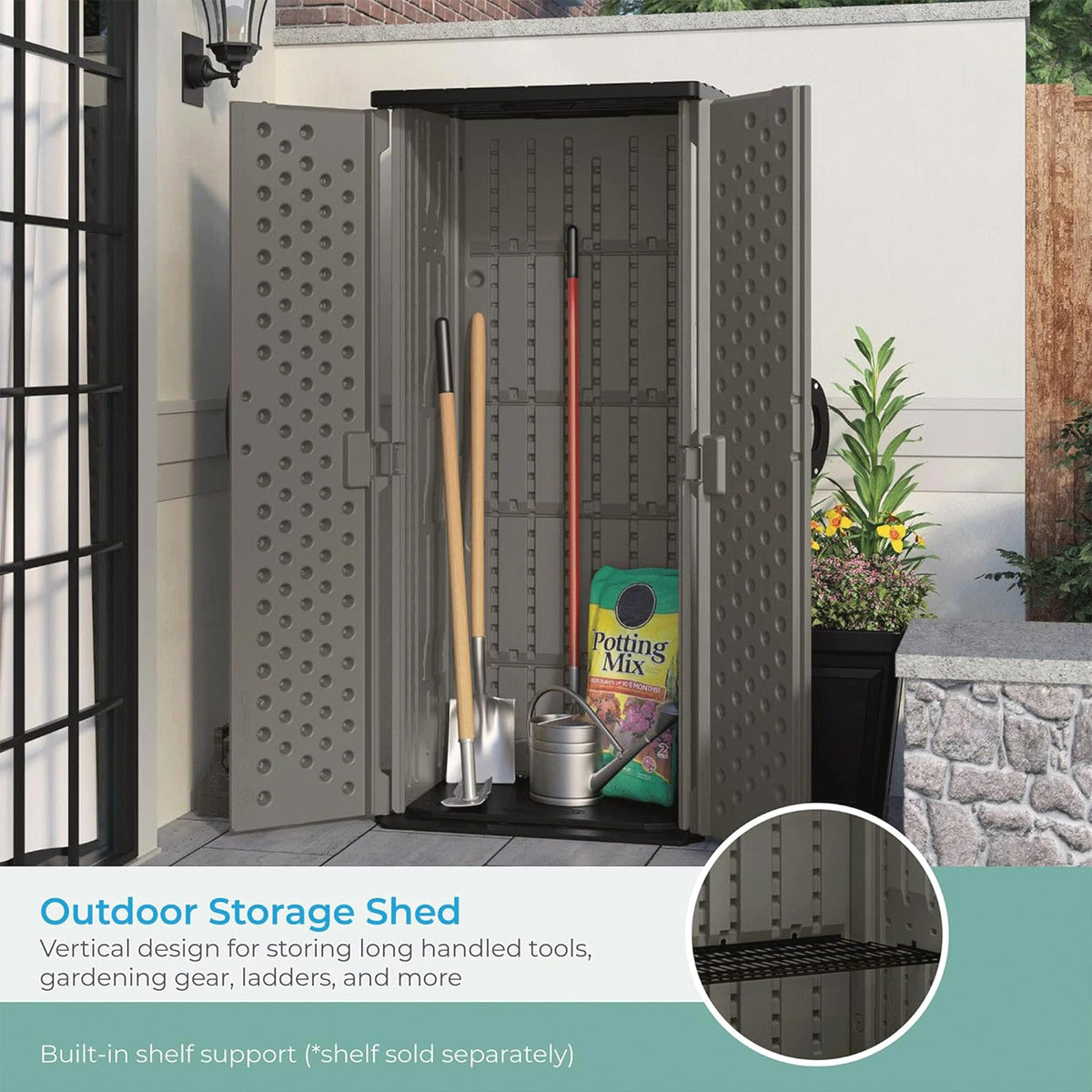 Suncast 22 cu ft vertical shed panels focusing on multi-wall durability