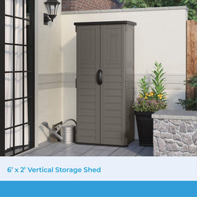 Suncast 22 cu ft vertical shed side view highlighting compact footprint for tight spaces