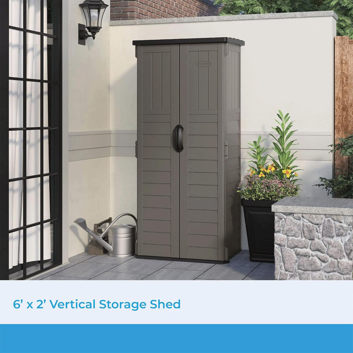 Suncast 22 cu ft vertical shed weather-resistance illustration of year-round protection