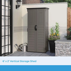 Suncast 22 cu ft vertical shed weather-resistance illustration of year-round protection