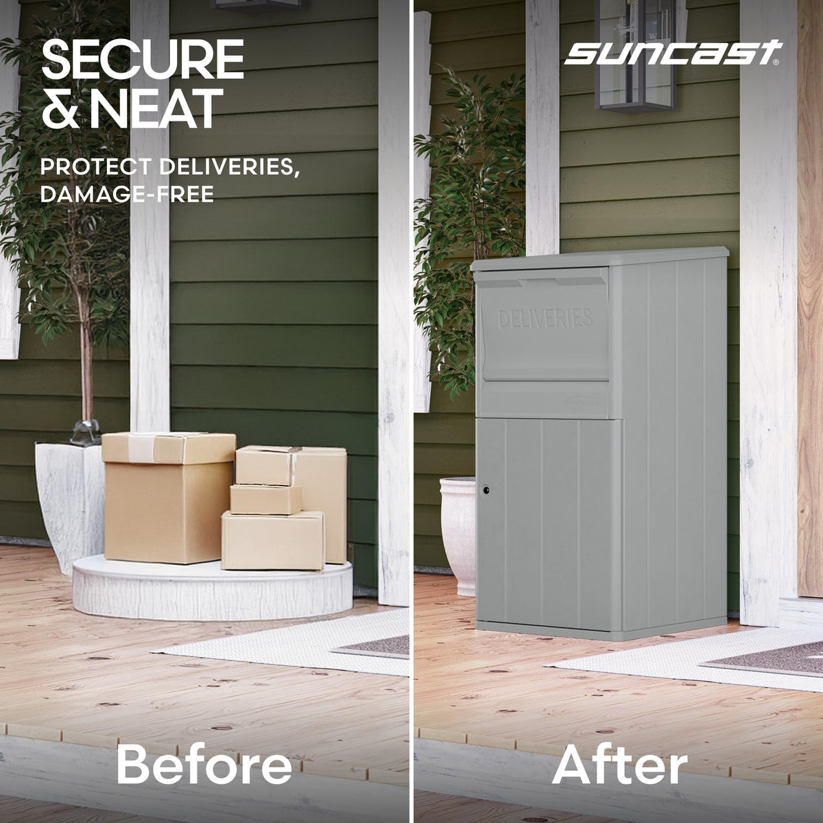 Suncast 33.5-gallon interior space demonstrates large capacity for multiple parcels